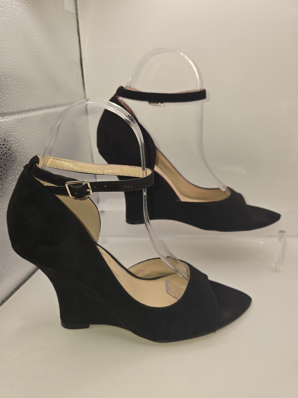 Jessica Simpson Black Suede Pointed Wedge Heels with Ankle Strap. 6.5